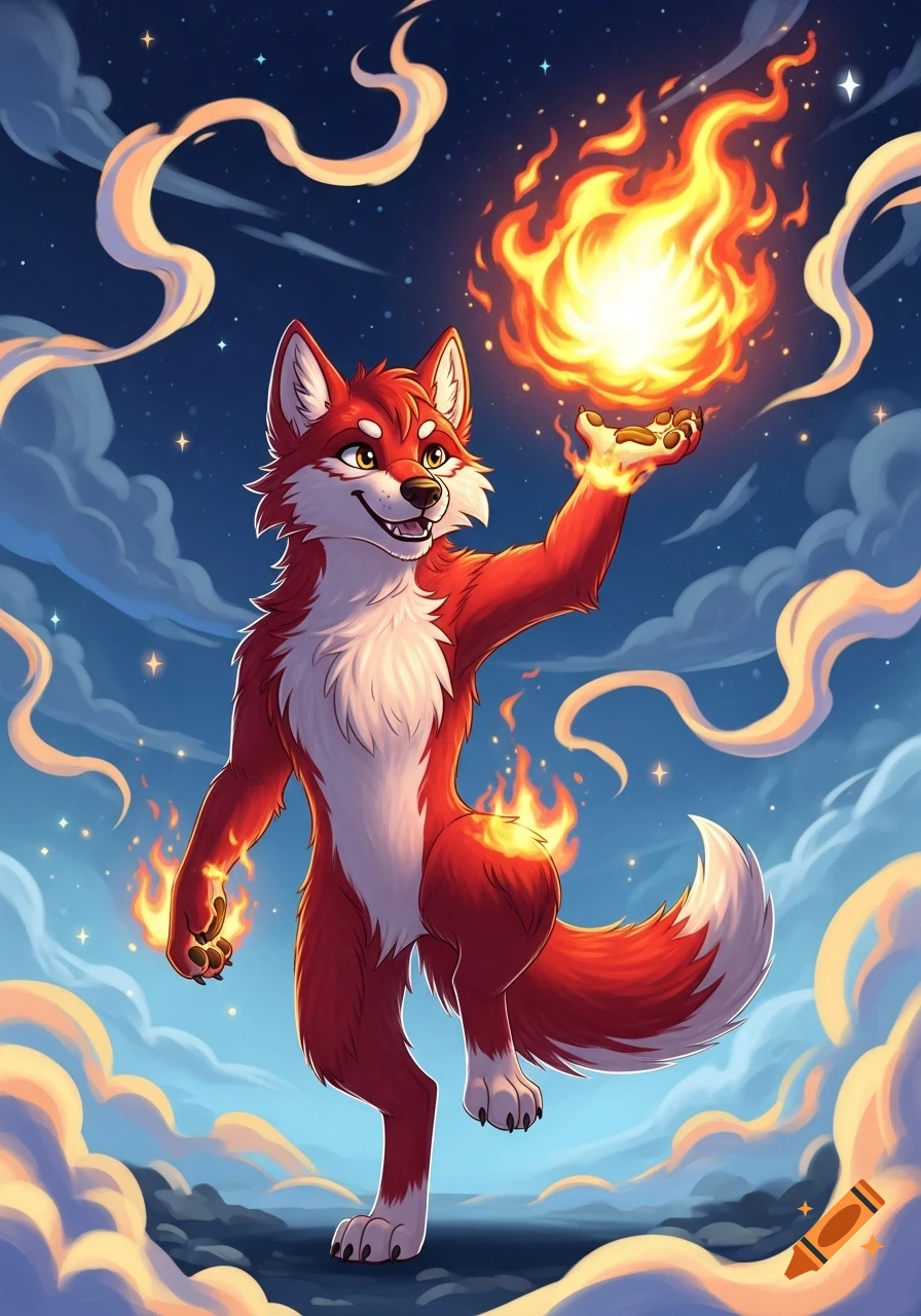 A red cartoon fox-like creature, smiling and holding a bright fireball, stands under a starry night sky with glowing clouds.