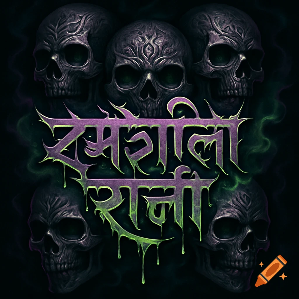 Five stylized dark skulls arranged around glowing green and purple text that reads 'Zahreeli Rani' in Devanagari script, against a smoky dark background.