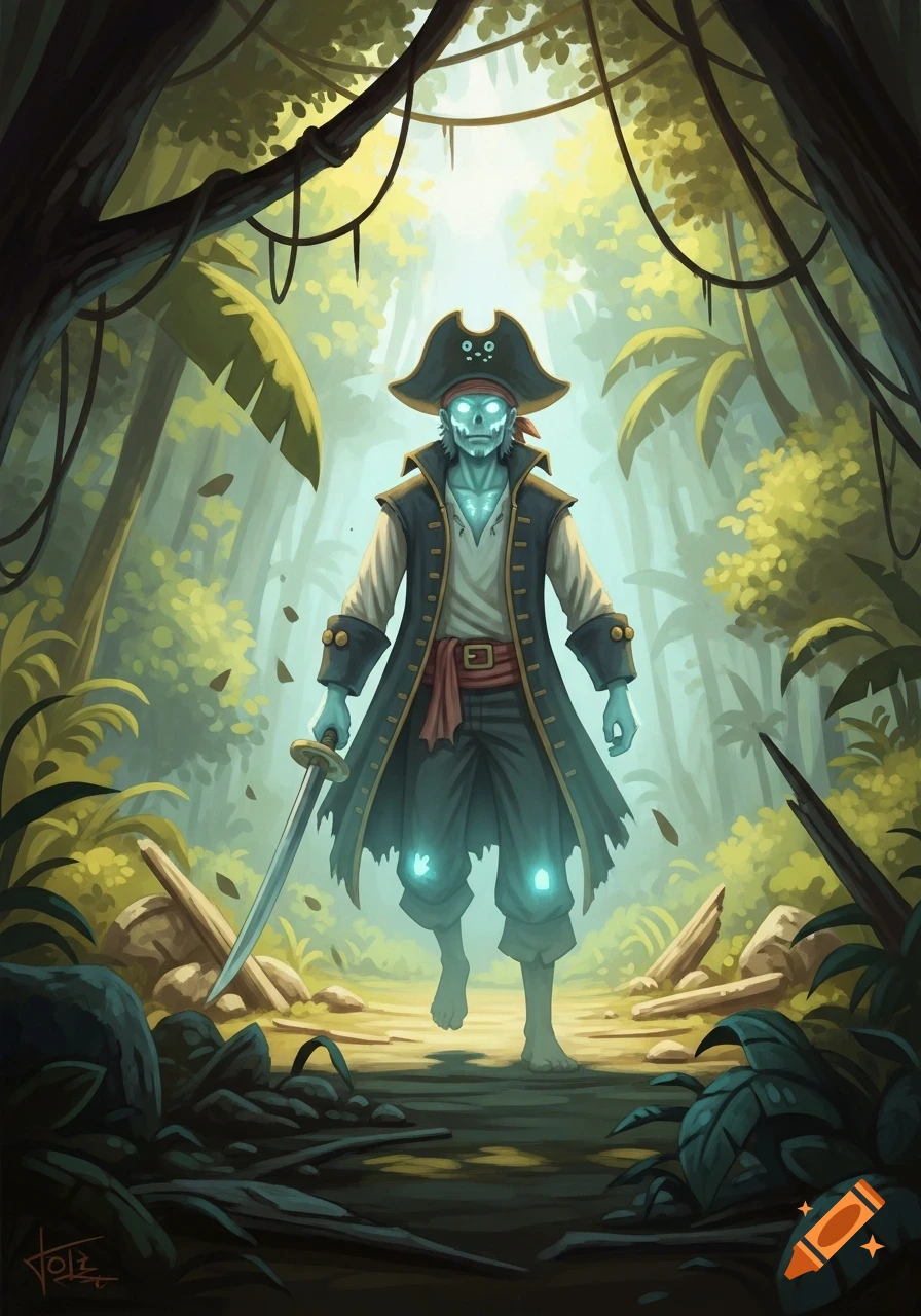 A Ghibli-inspired illustration of a spectral pirate with glowing eyes and tattered clothes, lurking in a jungle clearing.