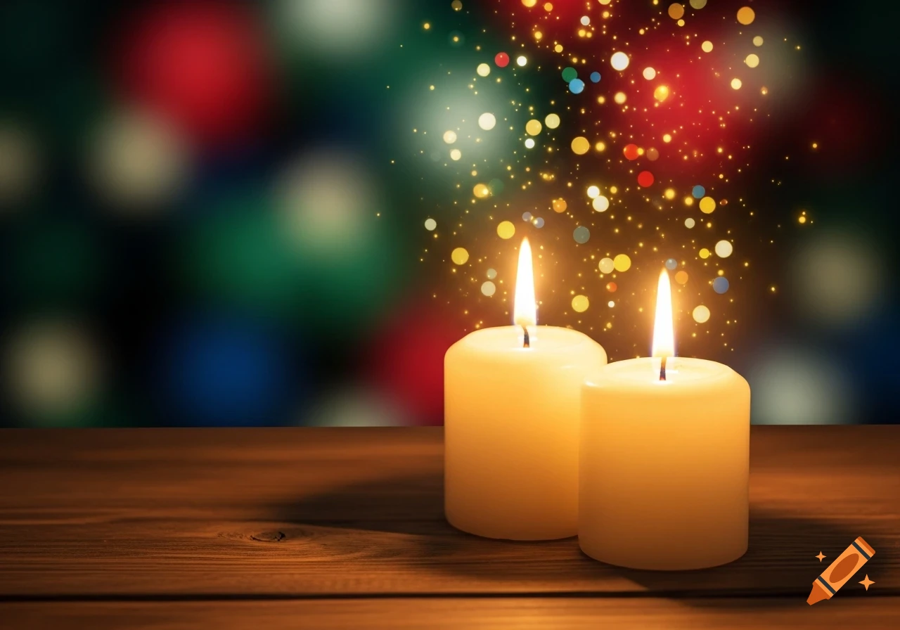 Two lit candles on a wooden table with a blurred colorful bokeh background and golden sparkles, creating a festive atmosphere.