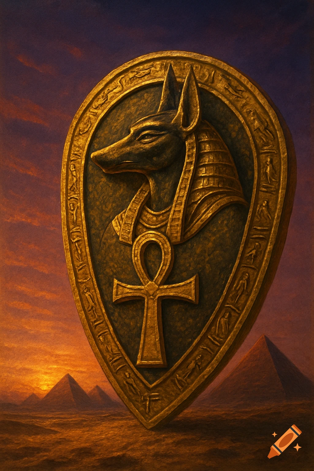 A golden ancient Egyptian crest featuring Anubis and an ankh, set against a sunset desert sky with pyramids.