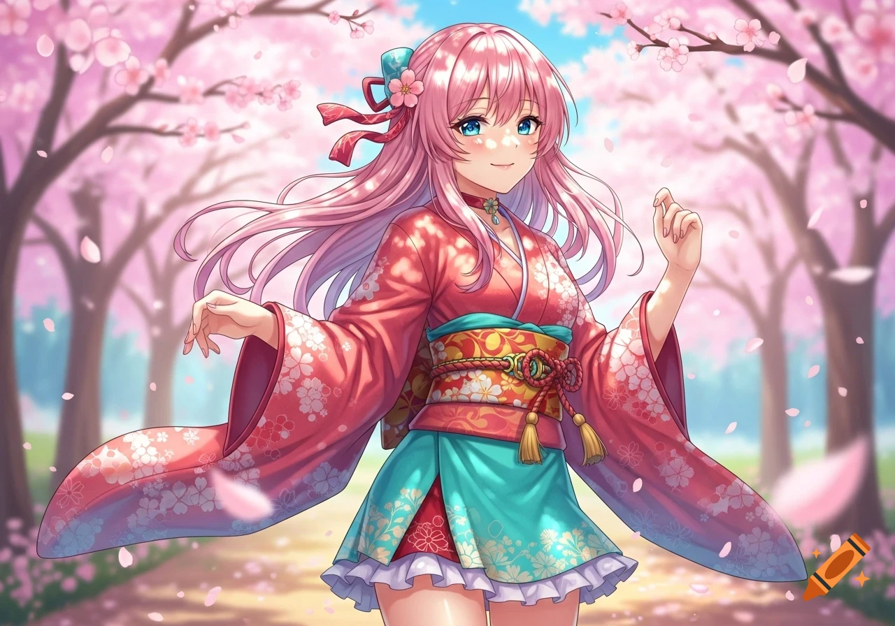 Anime girl with pink hair in a colorful kimono-style outfit, smiling brightly in a cherry blossom park.