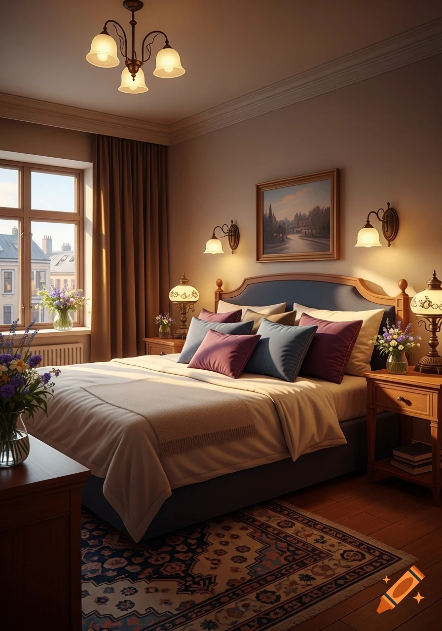 A cozy, sunlit hotel bedroom with a large bed, nightstands, lamps, a patterned rug, and a window looking out onto city buildings.