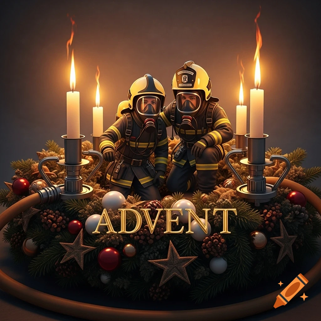 Photorealistic image of two firefighters in gear kneeling on an Advent wreath with four lit candles, pine cones, ornaments, and the word "ADVENT" in gold letters.