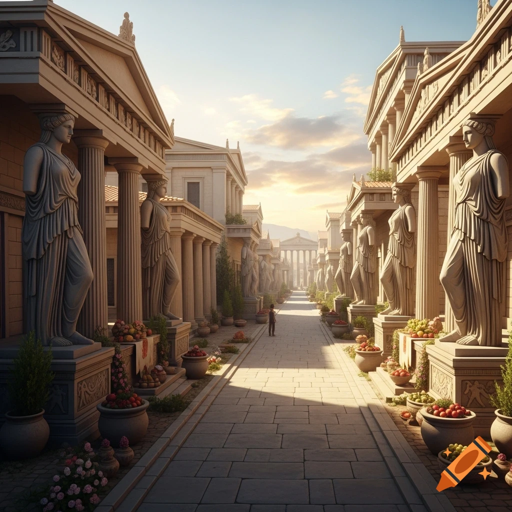 A long, sunlit ancient Greek street lined with classical buildings, draped female statues on pedestals, and pots of fruit and flowers. A figure walks in the distance.