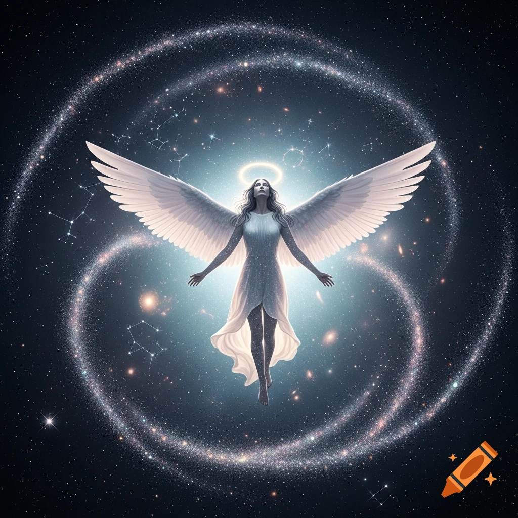 A glowing angel with large white wings and a halo floats in a cosmic expanse filled with stars and swirling galaxies, looking upwards in a majestic digital art style.