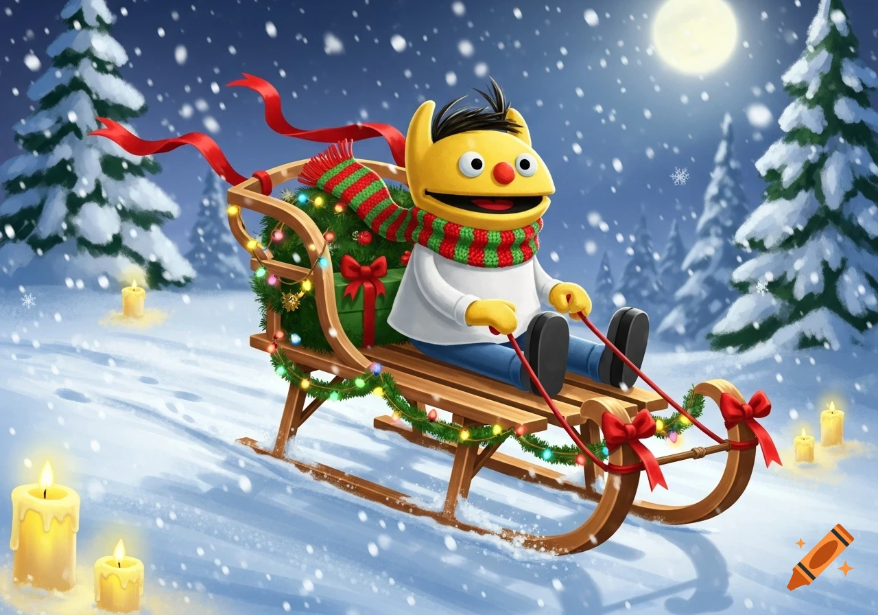 A cartoonish yellow puppet character on a decorated wooden Christmas sled, moving through a snowy winter night with pine trees and candles.