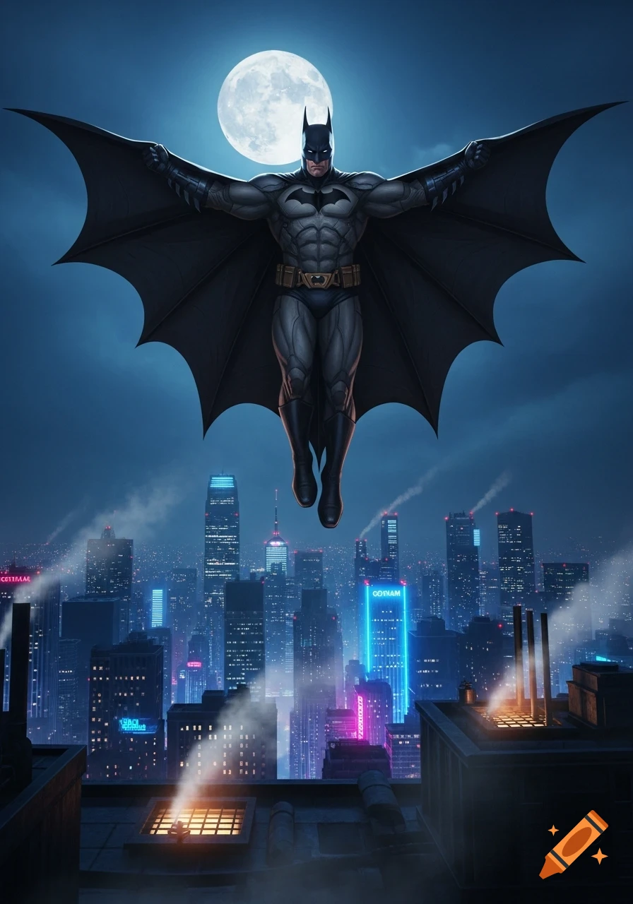 Batman in his dark suit and cape flies with outstretched arms over a neon-lit Gotham City at night, a full moon behind him.