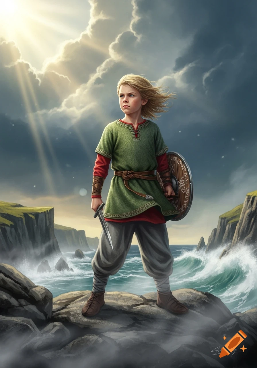 A young Viking boy stands on a rocky cliff overlooking a stormy sea, holding a dagger and shield, in an epic illustration.