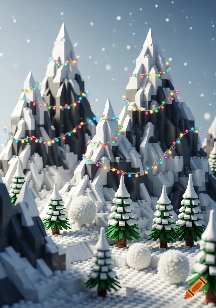 Miniature LEGO-style snowy mountains with colorful Christmas lights, surrounded by LEGO pine trees and snowballs, under falling snowflakes.