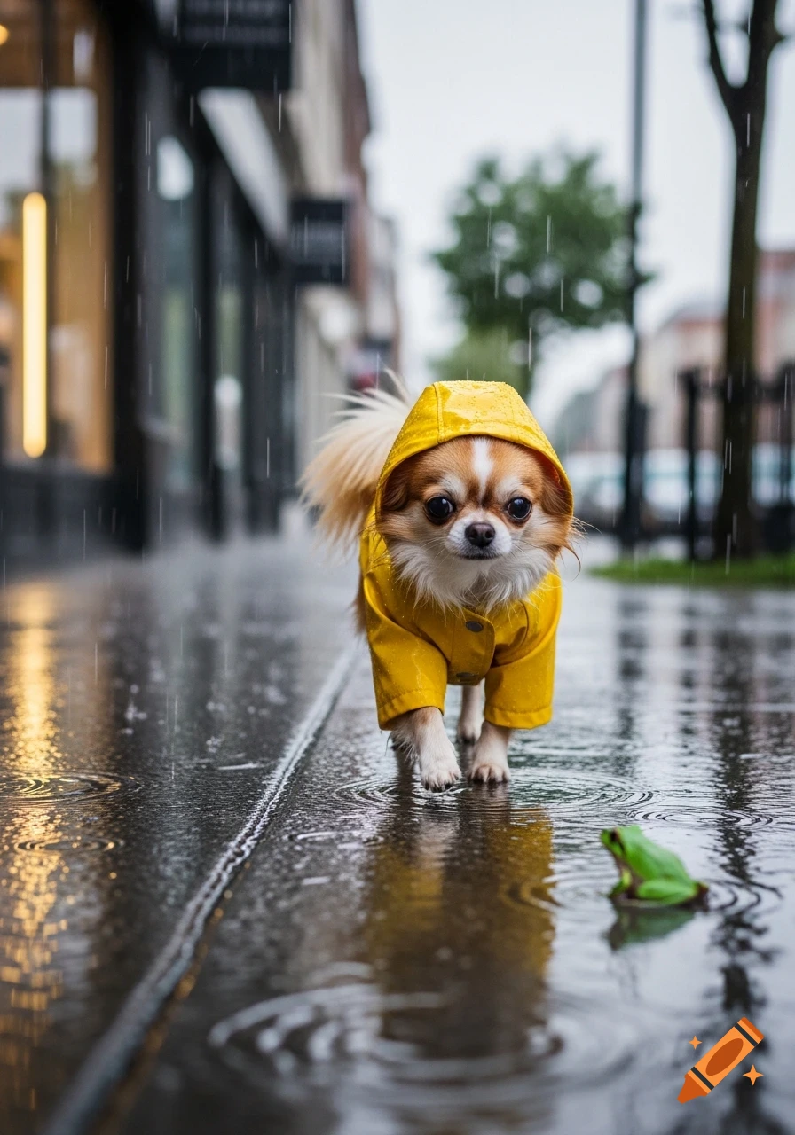 A long-haired chihuahua in a yellow raincoat walks on a wet street in the rain, with a small frog in a puddle.