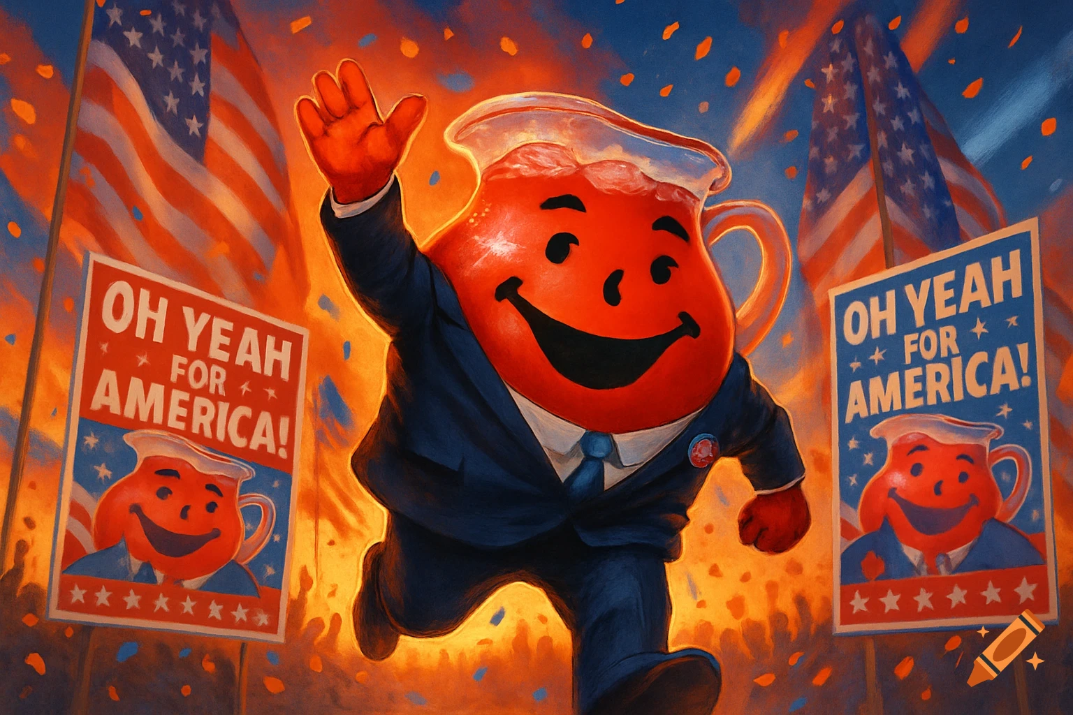 The Kool-Aid Man in a blue suit and tie waves, surrounded by American flags and "OH YEAH FOR AMERICA!" campaign posters, with confetti in the air.