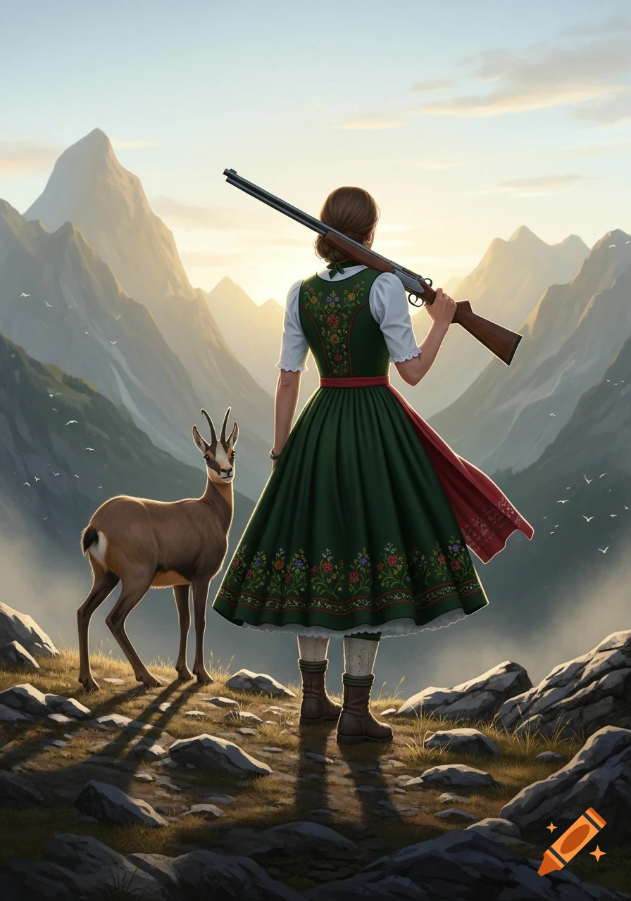 A woman in a green traditional dirndl with a rifle over her shoulder stands facing away, next to a chamois in a sunny mountain landscape.