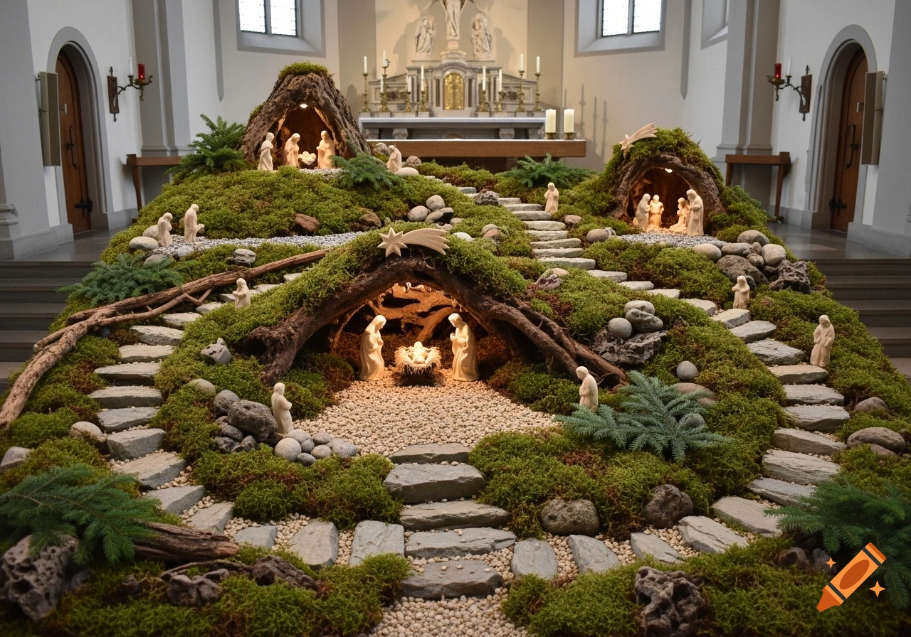A detailed, mossy nativity scene with stone steps and small wooden figures of Mary, Joseph, and baby Jesus inside a church.