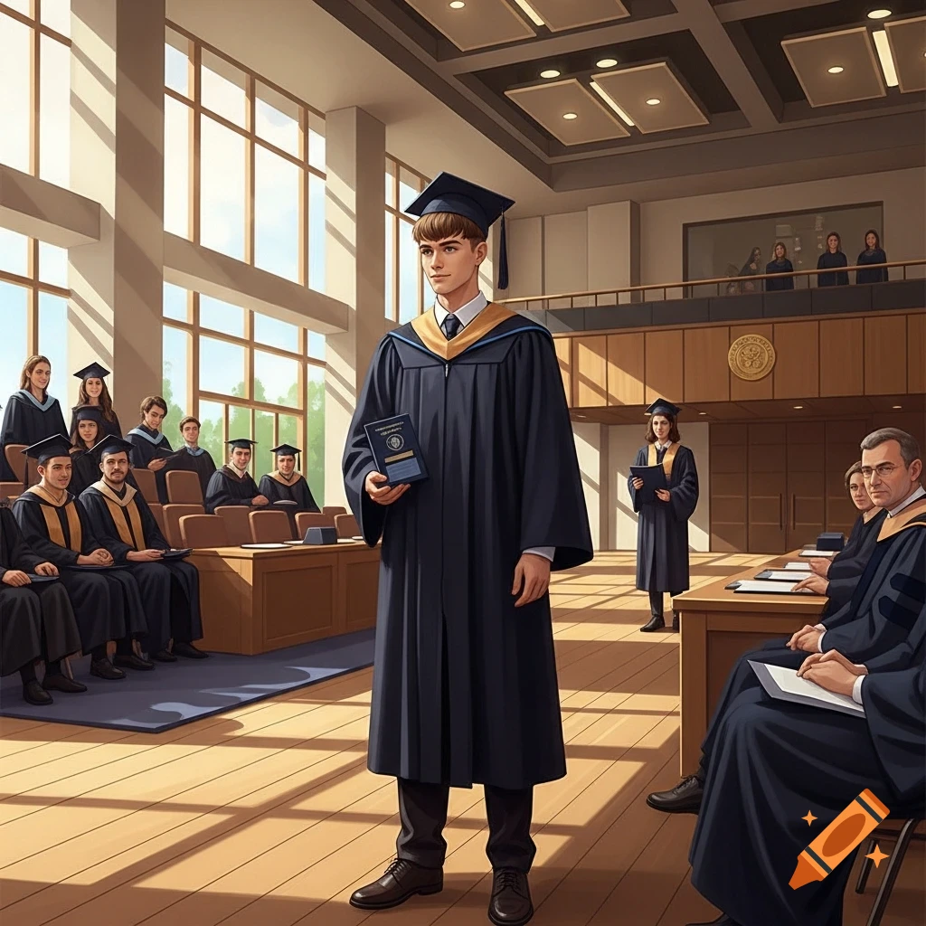 A young man in a graduation gown and cap holds a diploma on stage during a university ceremony, with other graduates and faculty.
