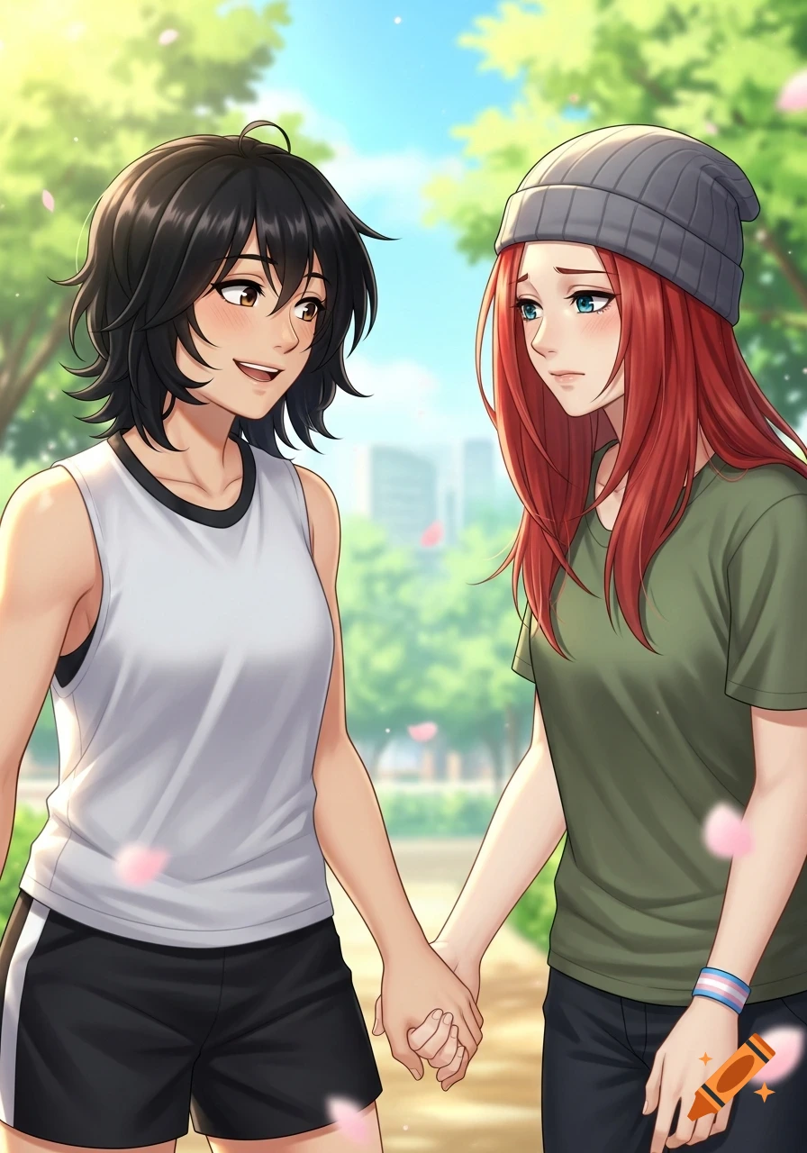Two anime-style women hold hands in a sunny park; one with black hair smiles, the other with red hair wears a beanie and trans pride bracelet.