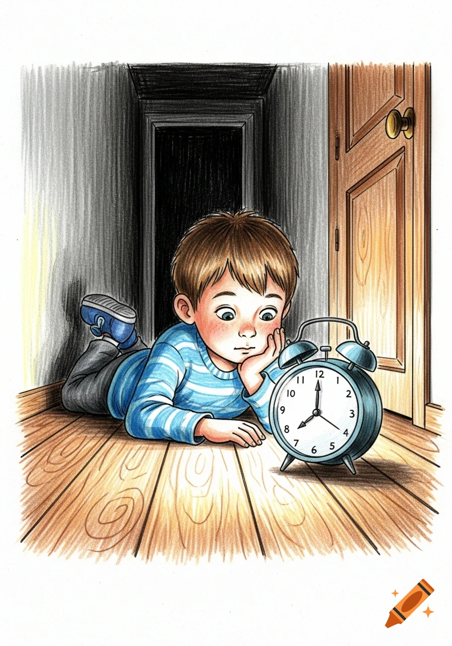 A boy lies on a wooden floor in a dimly lit hallway, looking intently at an alarm clock. Illustrated in a colored pencil style.