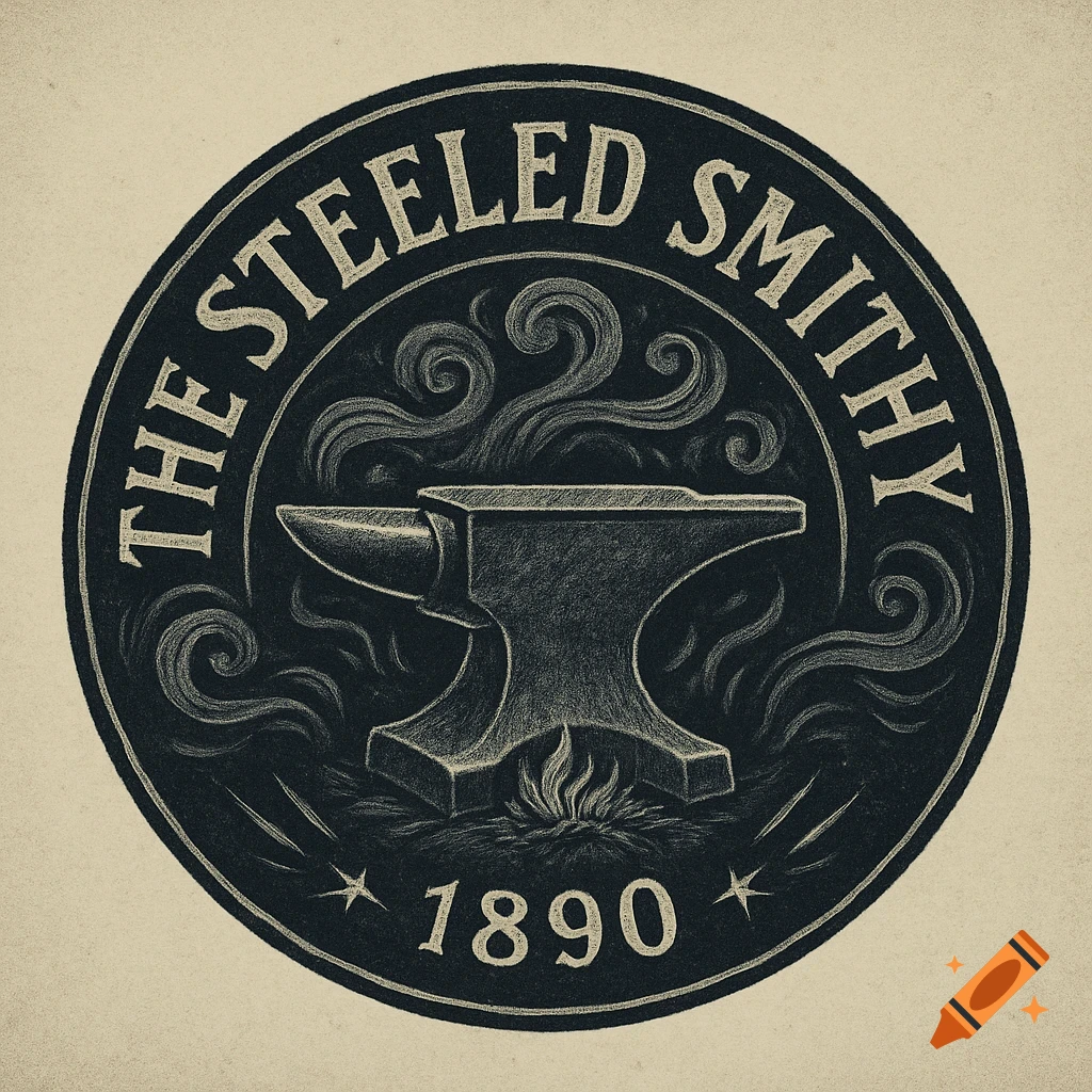 Vintage-style circular logo for The Steeled Smithy, featuring an anvil with smoke, stars, and the year 1890.