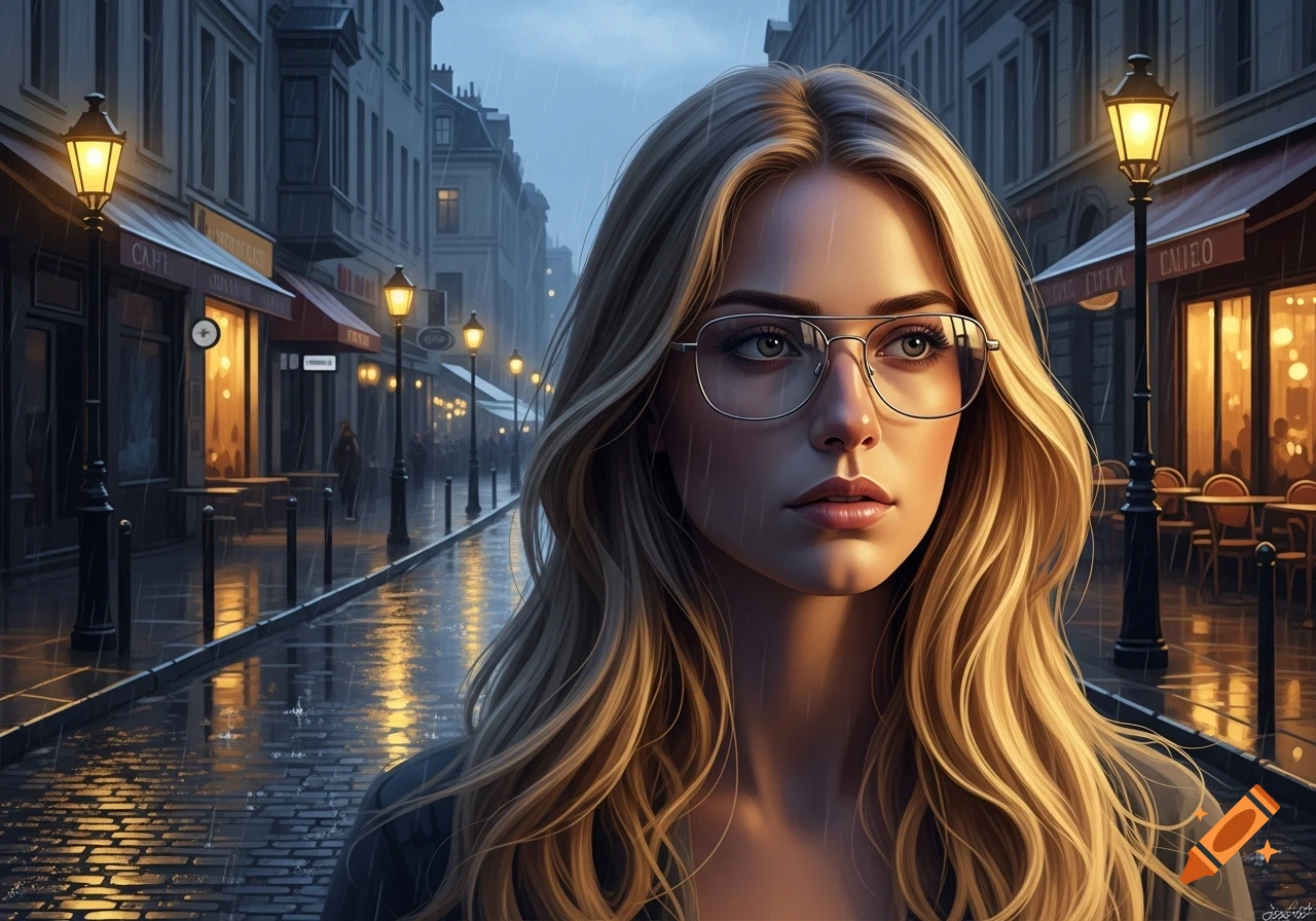 Close-up of a woman with long blonde hair and glasses on a rainy city street at night, with illuminated storefronts.
