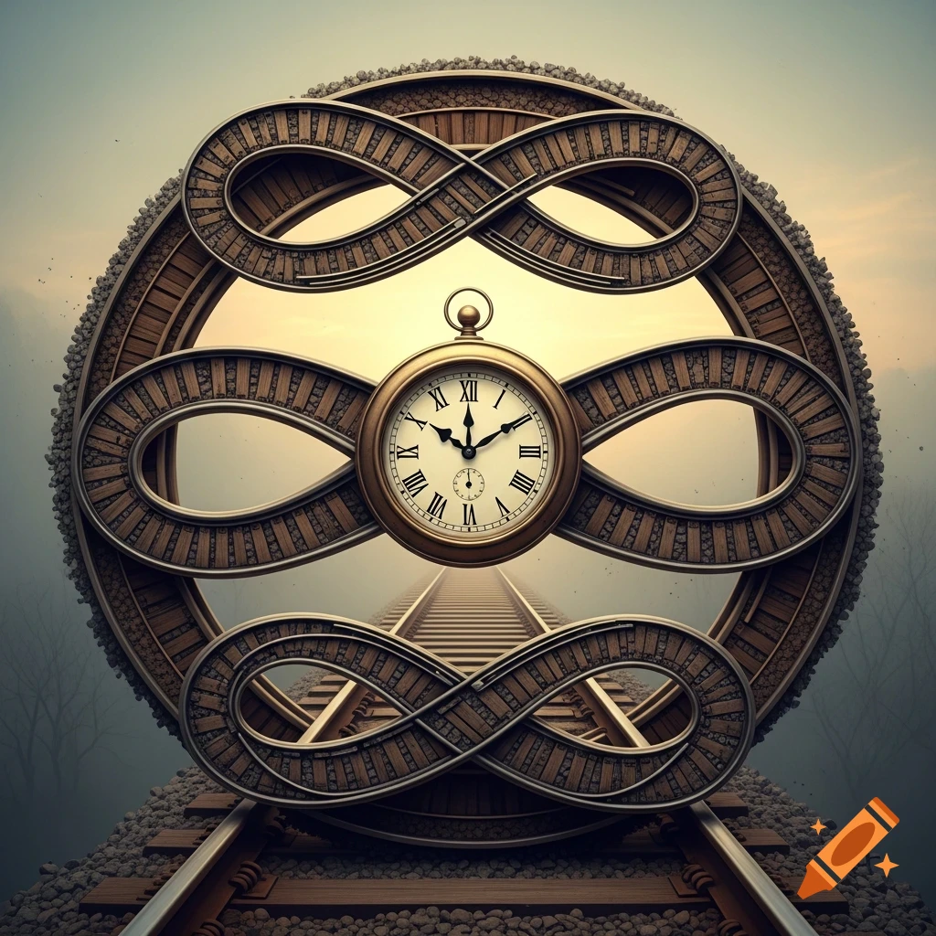 A gold pocket watch face with Roman numerals is centered within a circular frame of train tracks, adorned with infinity symbols made of tracks. The scene is set against a misty, ethereal background.