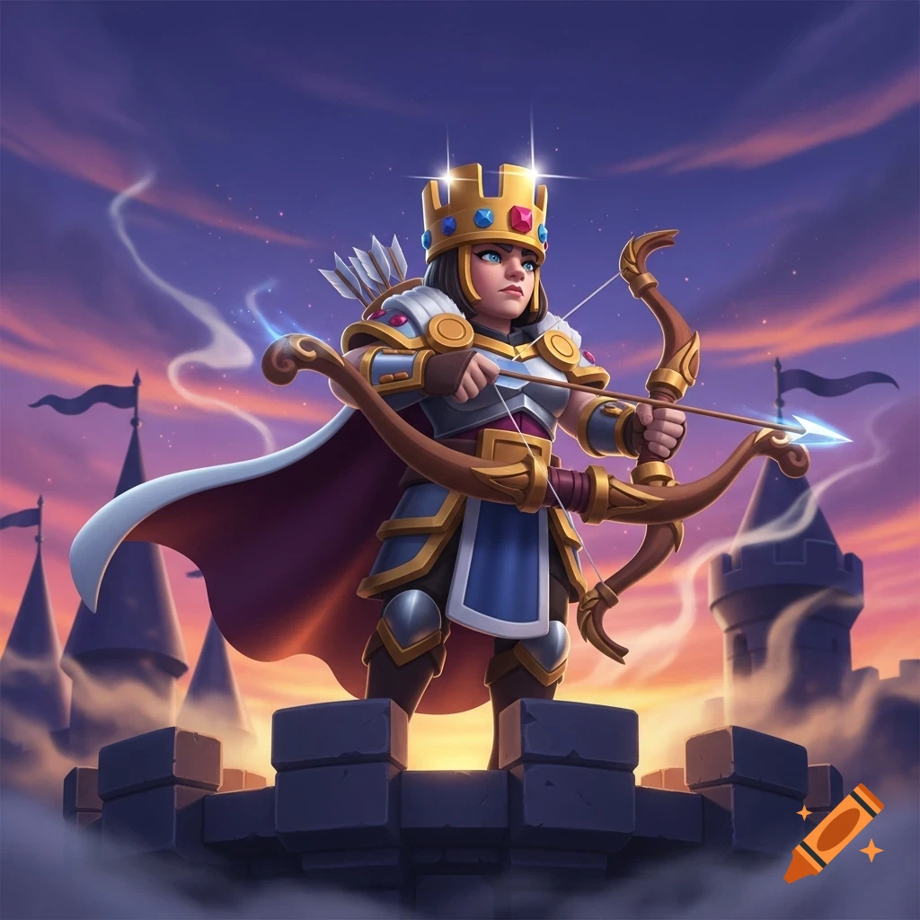 A stylized archer queen in golden and silver armor, holding a glowing bow and arrow on a castle wall at sunset.