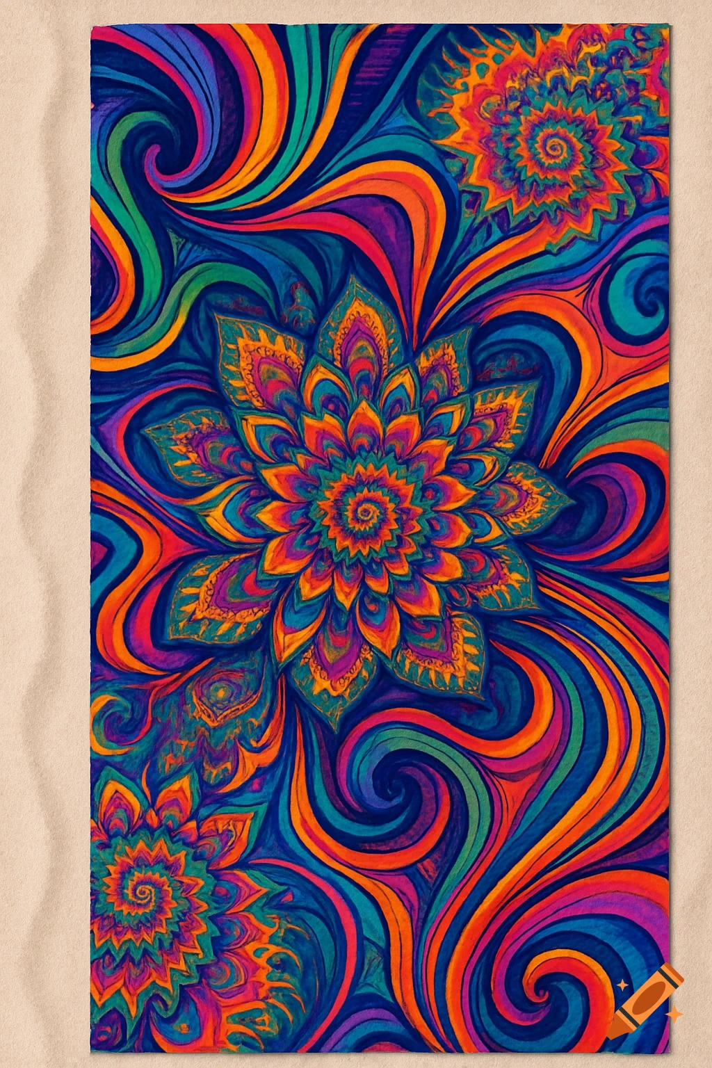 Vibrant psychedelic pattern with swirling lines and colorful mandala flowers, on a beach towel.