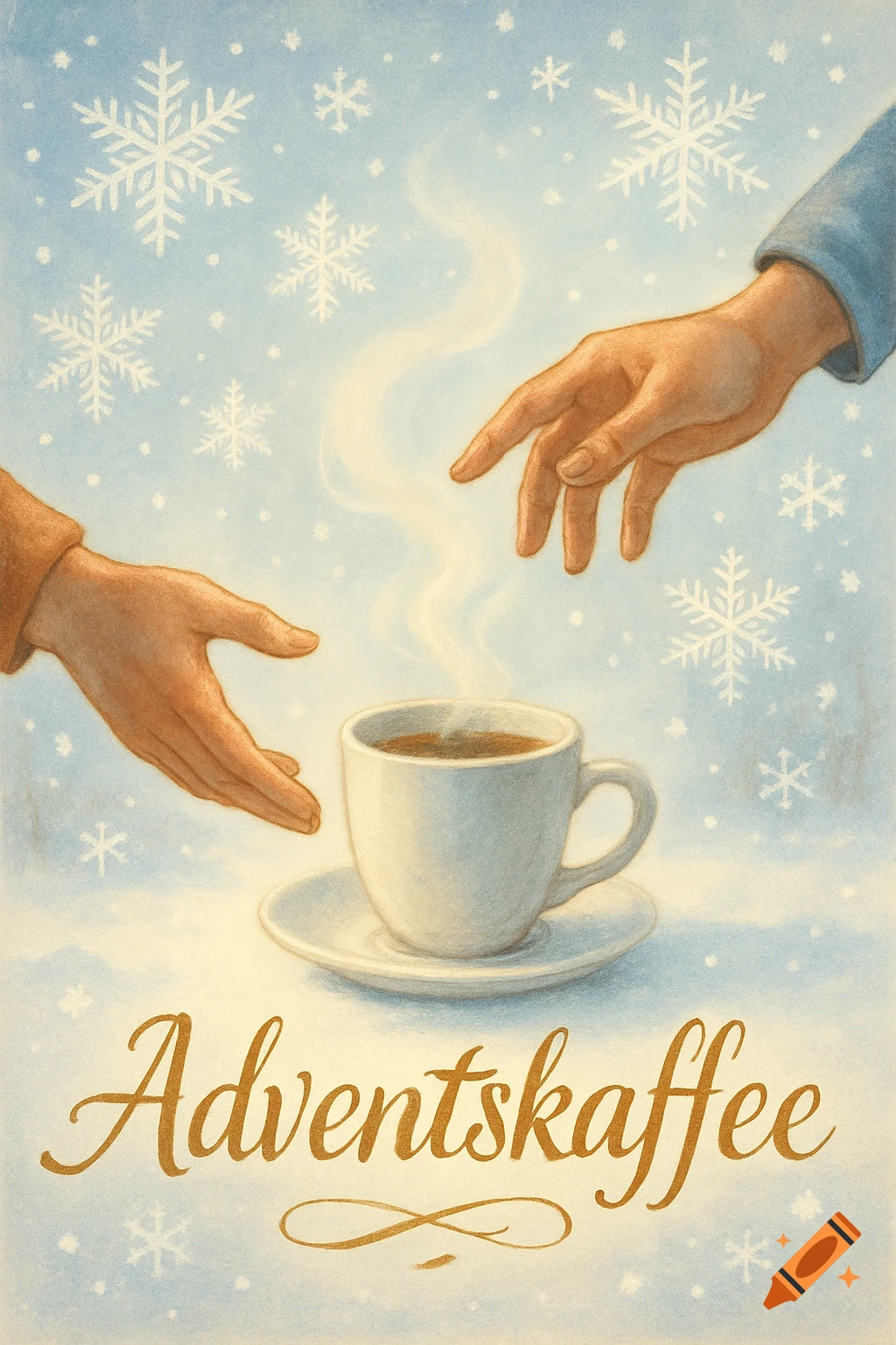 Illustration of two hands reaching for a steaming cup of coffee amidst falling snowflakes, with the text 'Adventskaffee'.