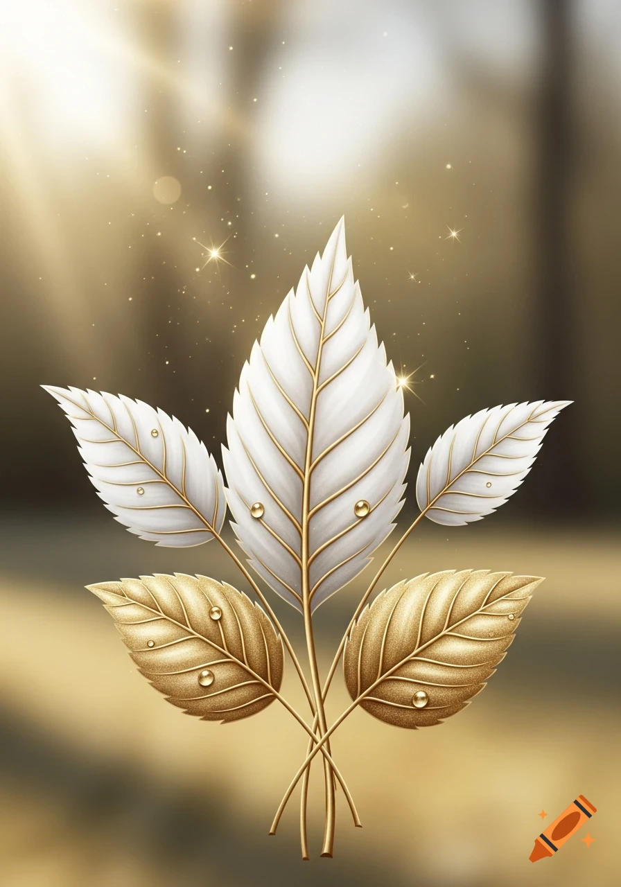 Stylized white and gold leaves with gold veins and water droplets, sparkling against a blurry golden background.