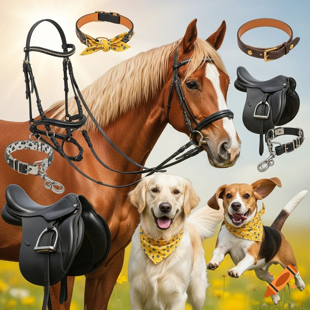 A collage featuring a brown horse, a golden retriever, and a beagle in a field with various horse bridles, saddles, and dog collars.