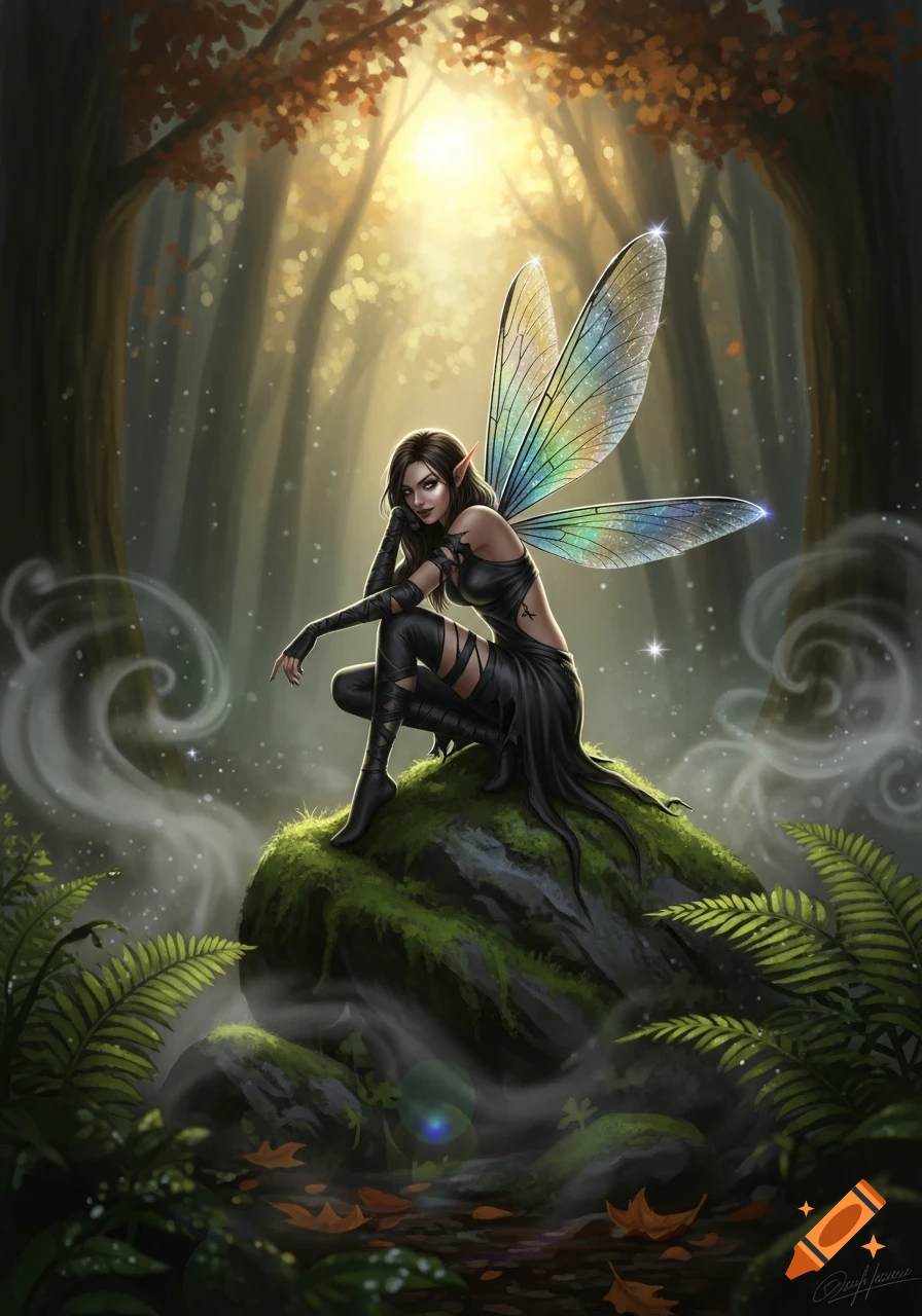 A dark-haired female rogue fairy with iridescent dragonfly wings crouches on a mossy rock in a luminous fantasy forest, digital painting.