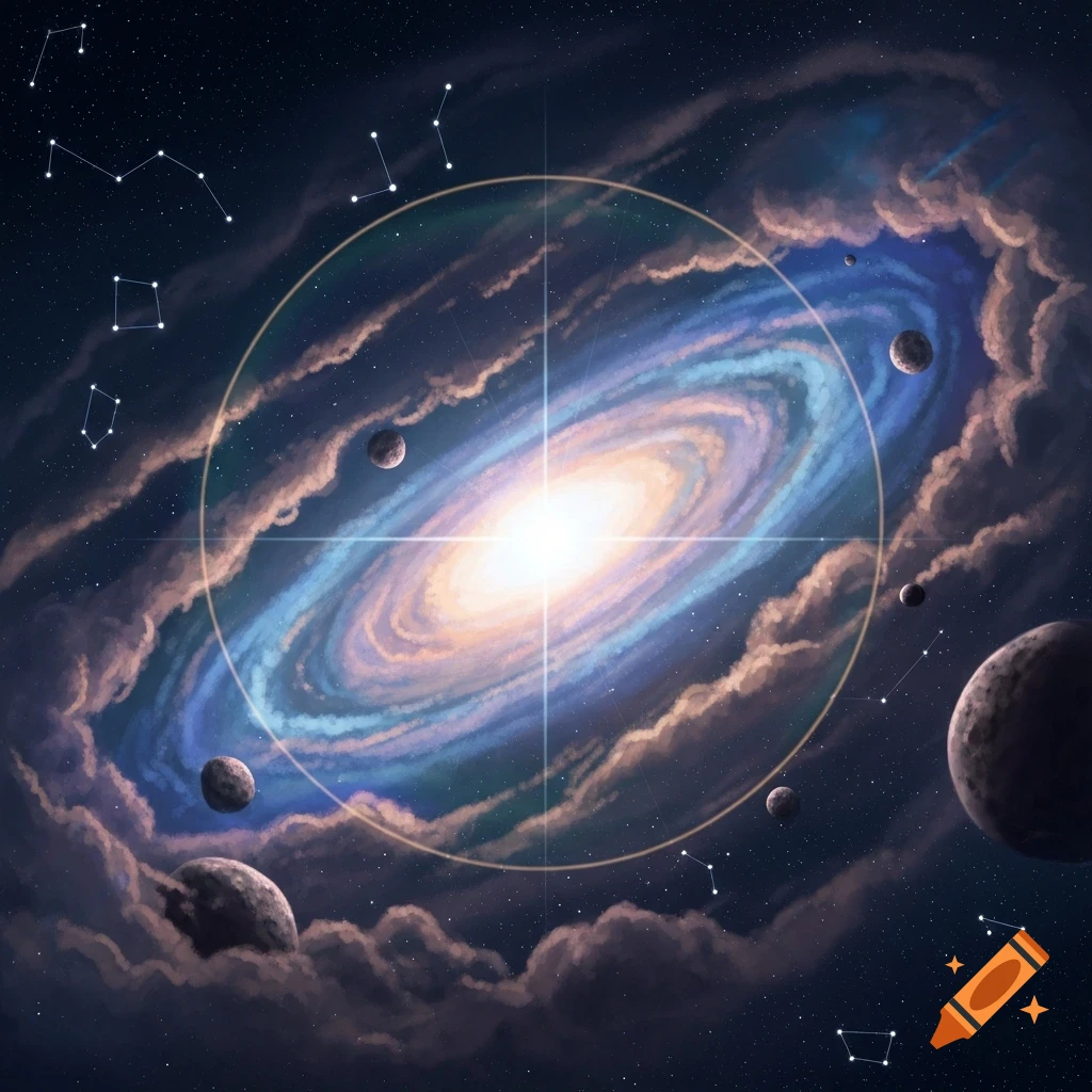 A vibrant spiral galaxy glows brightly in deep space, surrounded by planets, dark cosmic clouds, and white constellation patterns.