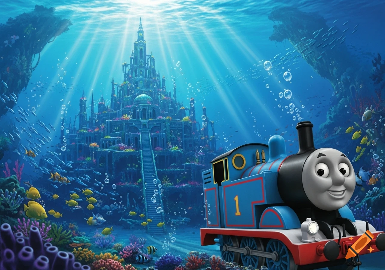 Thomas the Tank Engine exploring the vibrant, detailed lost city of Atlantis underwater, surrounded by fish and coral.