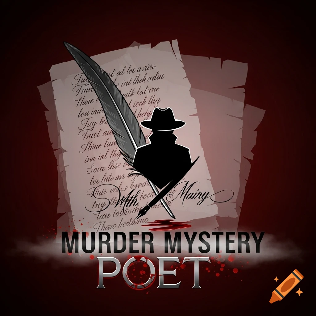 A stylized murder mystery logo with a quill, papers, a detective silhouette, blood spatters, and the words 'MURDER MYSTERY POET' against a dark red background.