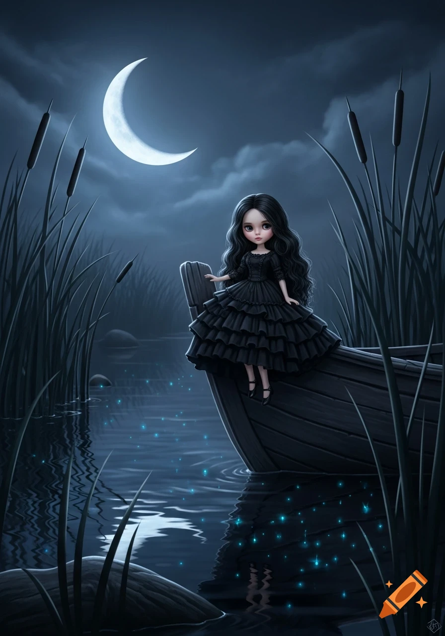 A gothic doll with long black hair and a black ruffled dress sits on the edge of an old wooden boat in moonlit reeds with glowing lights in the water.