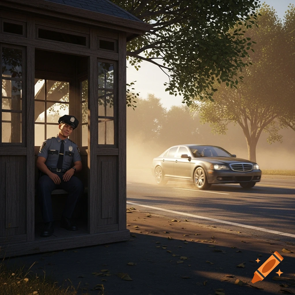 Photorealistic image of a police officer with eyes closed, sitting in a small booth by a dusty road as a car drives past.
