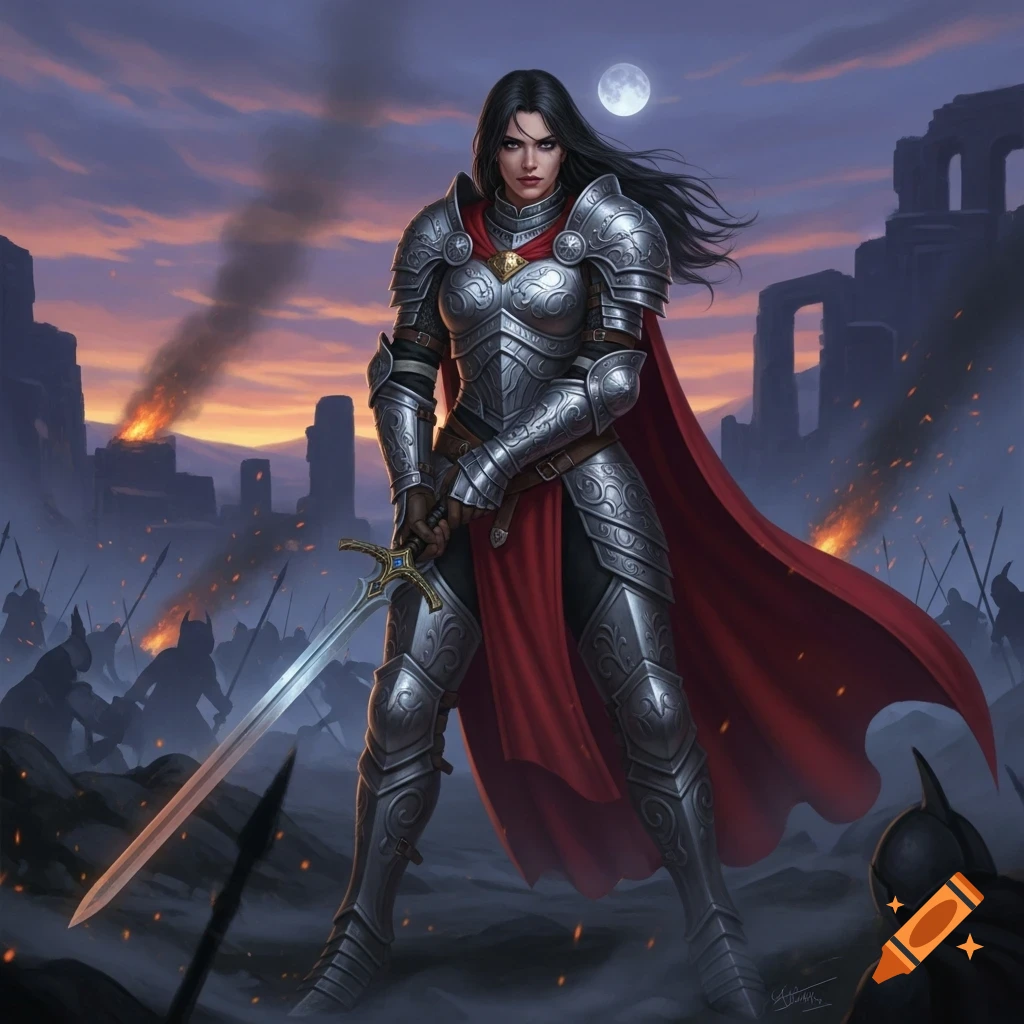 A fierce female warrior in silver armor and a red cape stands on a smoky battlefield at dusk, holding a sword.