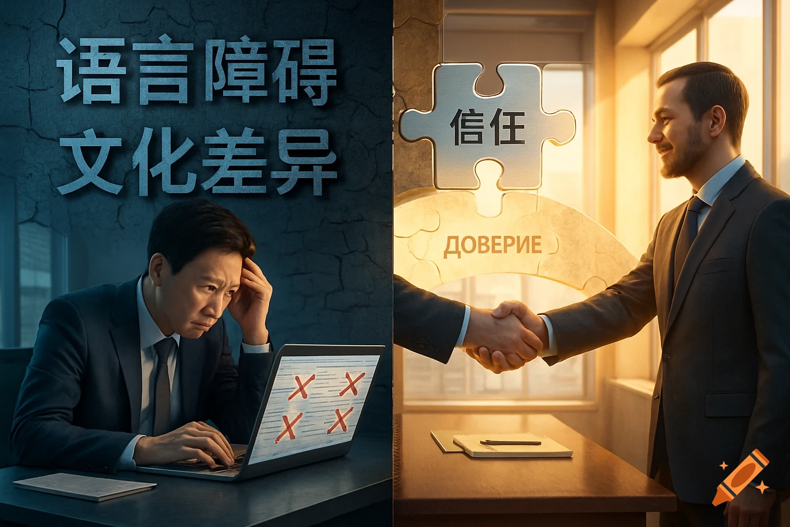 Split image showing communication challenges and resolution. Left, a man frustrated at a laptop under text for 'Language Barrier' and 'Cultural Differences'. Right, a handshake over puzzle pieces labeled 'Trust' in Chinese and Russian.
