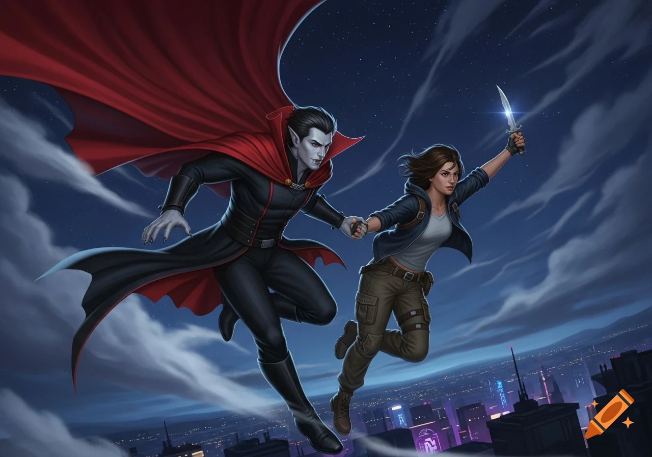 A vampire man in a cape and a woman holding hands fly over a city at night. The woman holds a dagger. Digital art.