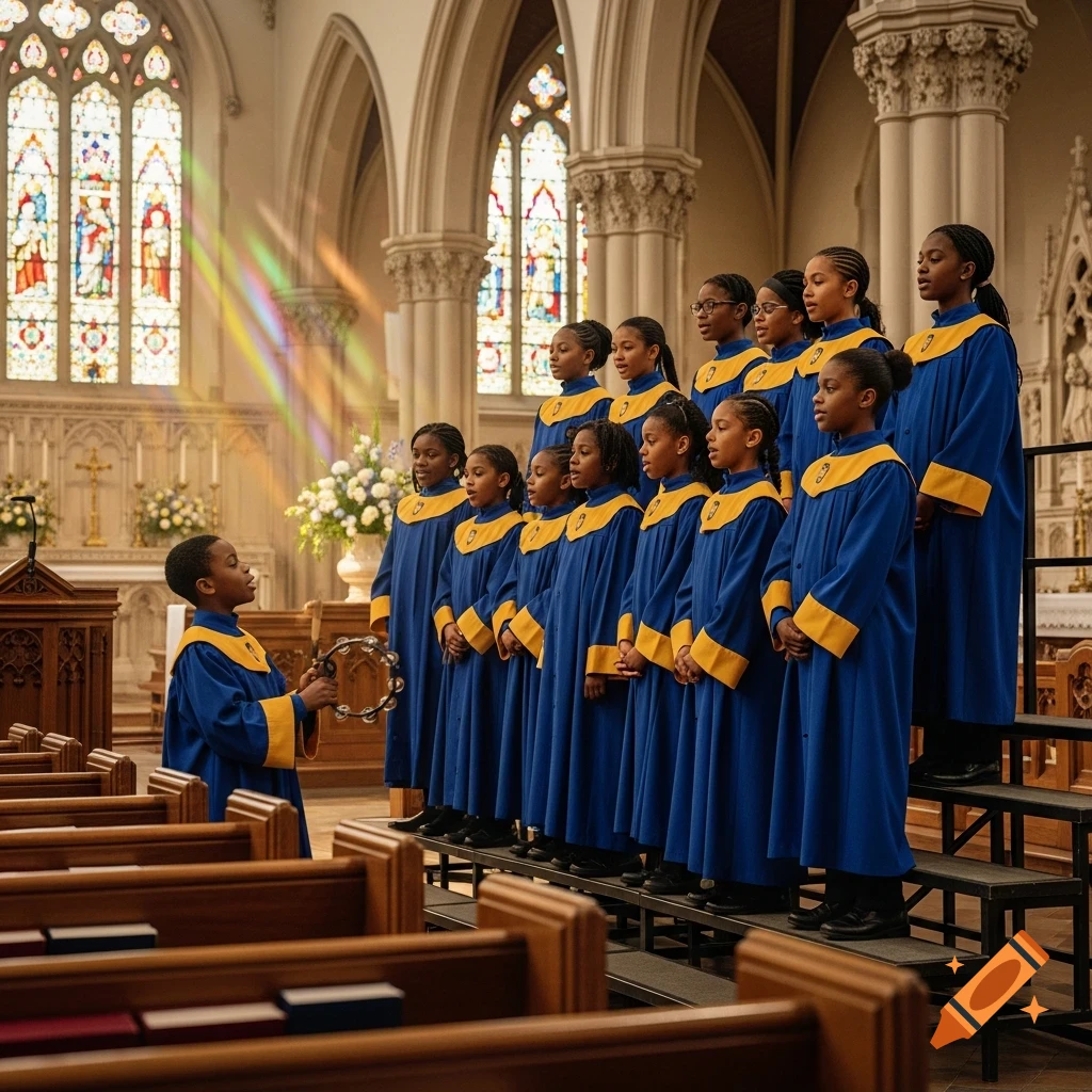 Photorealistic image of a Black children's choir in blue and yellow robes performing in a church, with a boy playing a tambourine.