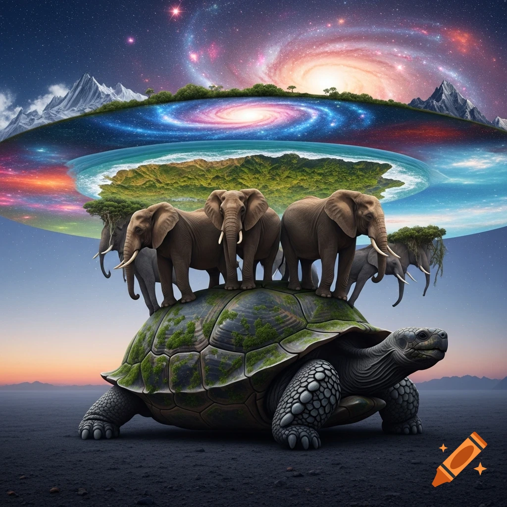 A giant tortoise carries several elephants on its back, which support a flat world featuring an ocean, mountains, and a swirling galaxy above.