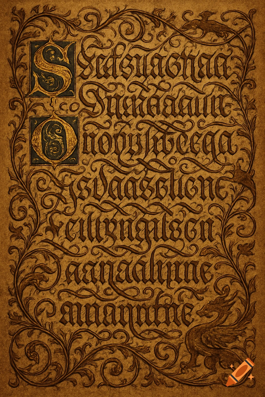 Ornate medieval-style manuscript page with gold-toned gibberish calligraphy, intricate floral borders, gilded initial S, and a dragon motif.