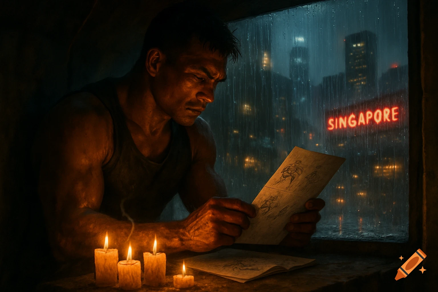 A muscular man reads sketches by candlelight in a dark room, looking out at a rainy cityscape with a neon 'SINGAPORE' sign.