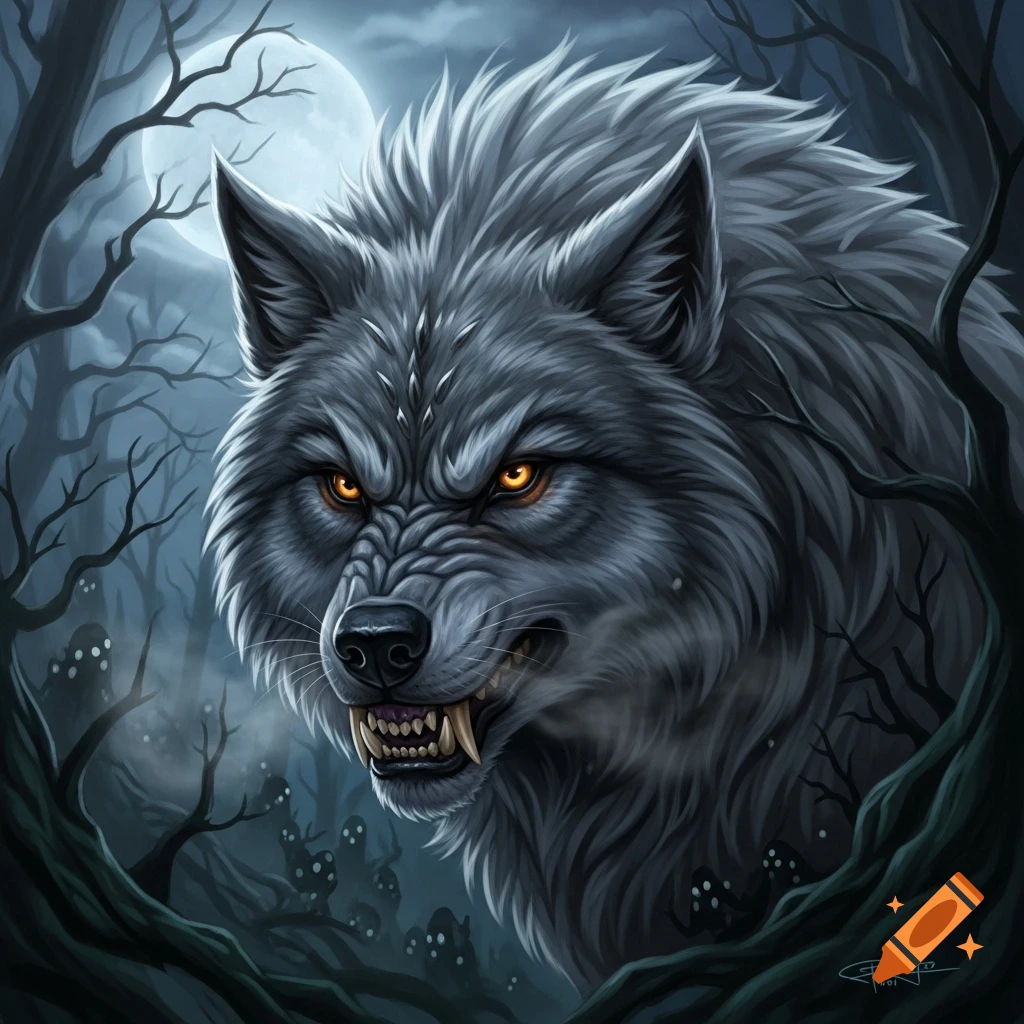 A snarling grey werewolf with glowing orange eyes in a dark, spooky forest under a full moon, with shadowy figures in the background.