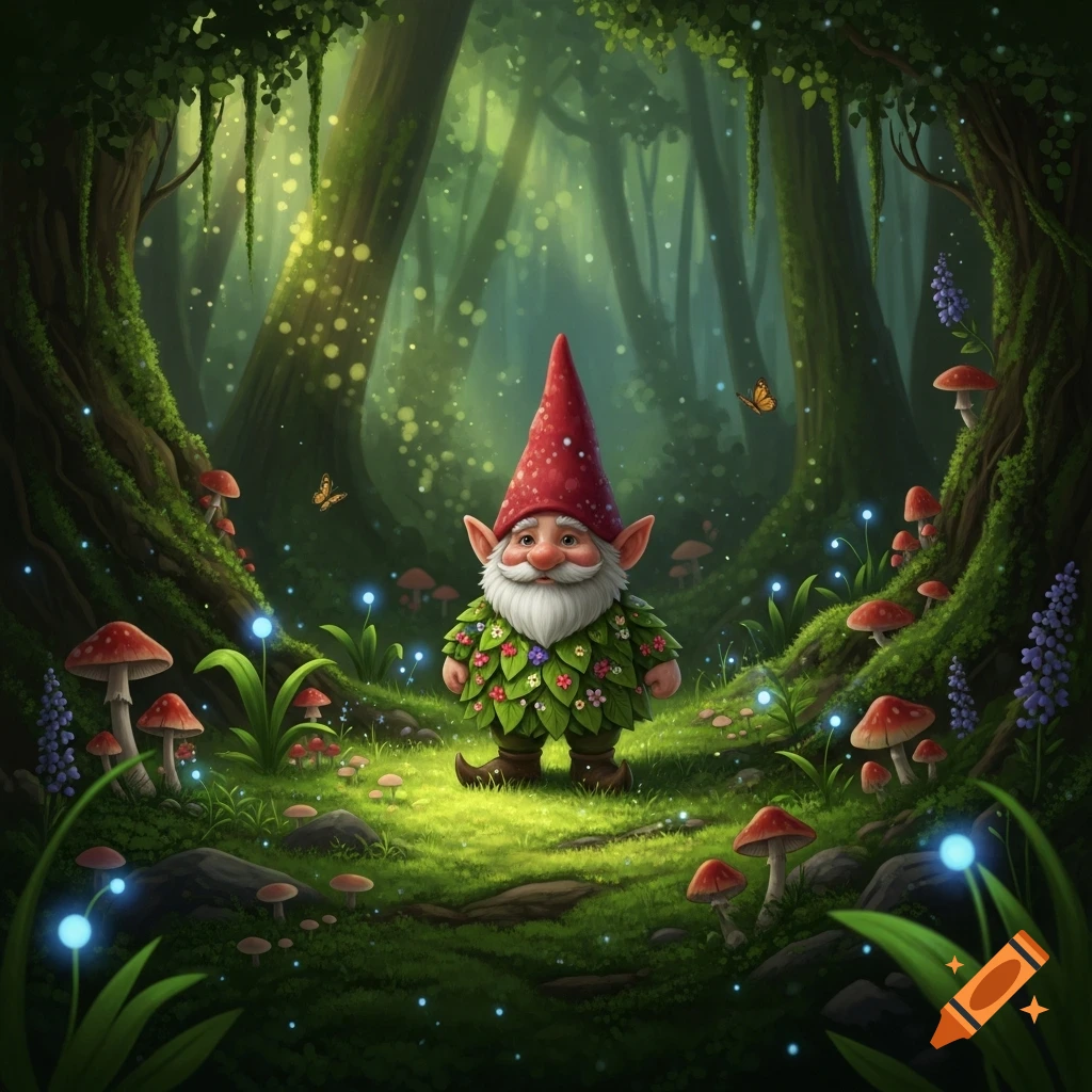 A cheerful gnome with a red hat and leafy tunic stands in a magical, glowing forest surrounded by mushrooms.