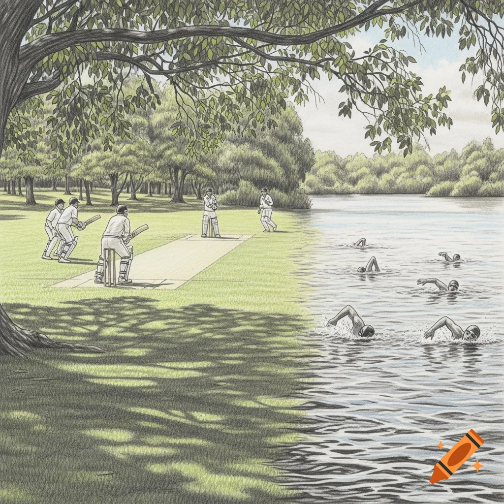 Pencil art illustration of a cricket match on a green field next to a lake with swimmers, shaded by a large tree.