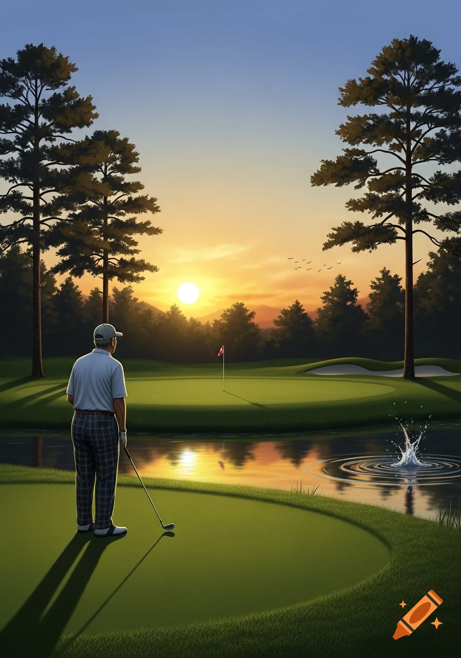 A golfer stands on a green at sunset, facing a golf hole across a reflective water hazard, surrounded by tall pine trees.