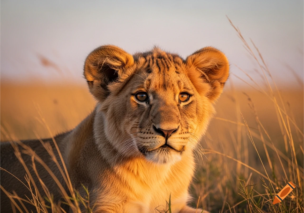 Photorealistic close-up of a lion cub lying in golden grass at sunset, looking towards the viewer.