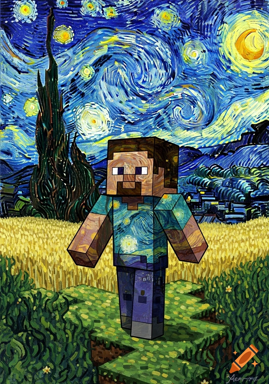 Minecraft's Steve in a field under a swirling Van Gogh-style starry night sky.