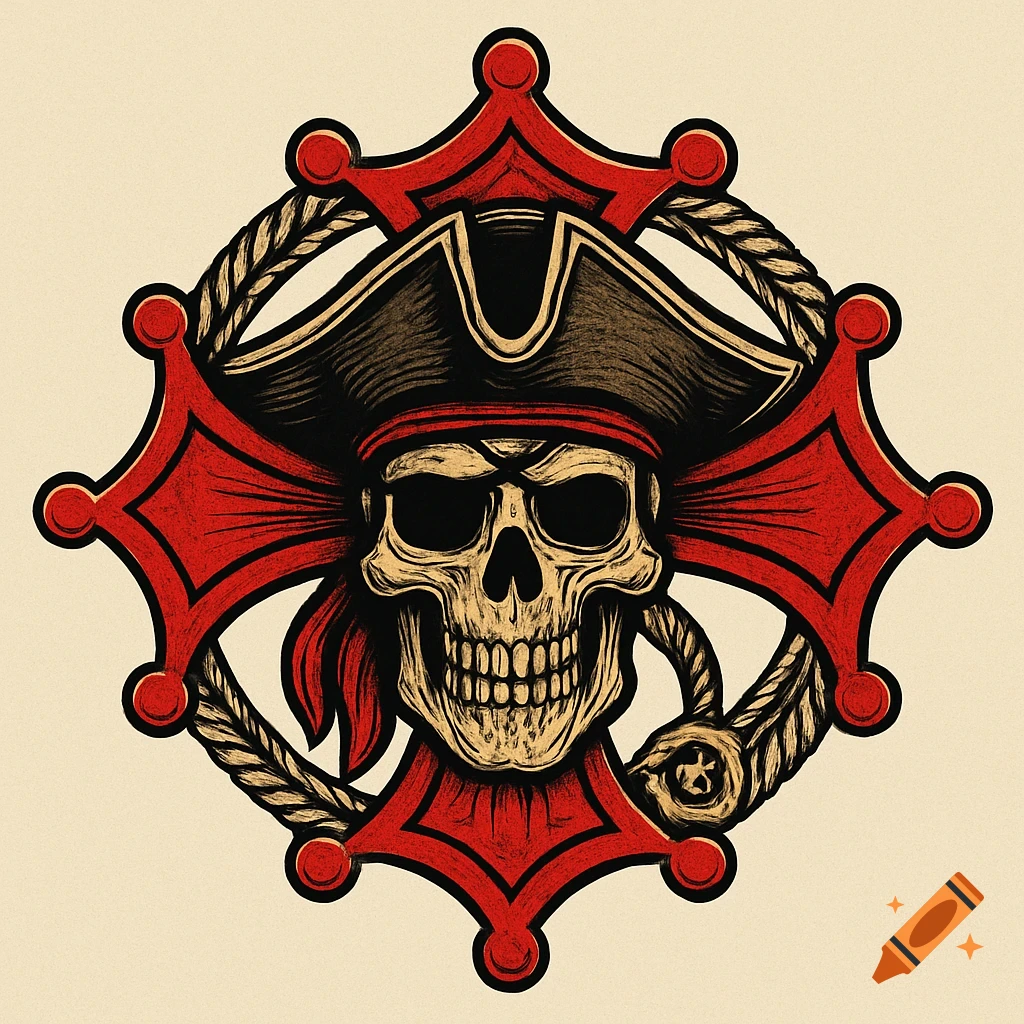 Stylized pirate skull logo with a black hat, red bandana, and a red ornamental cross on a cream background.