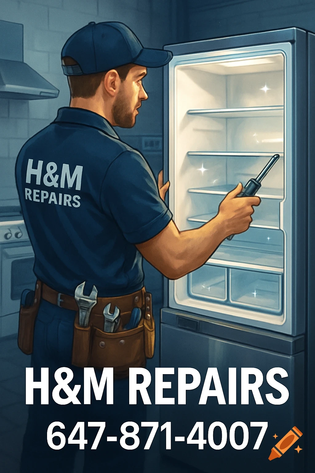 Illustrative ad: Male appliance technician in blue uniform looking into an open refrigerator. Text: H&M REPAIRS 647-871-4007.